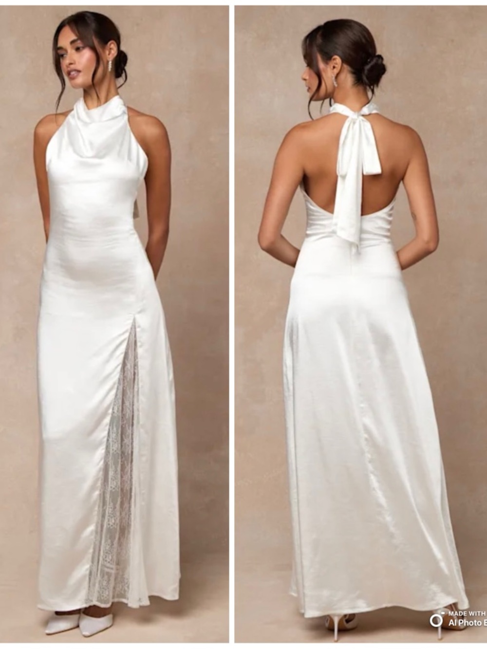 Lulus Small Concetta Ivory Satin Halter Wedding Dress With Lace Lined Slit NWT